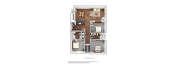 A detailed 3D floor plan of a small apartment layout.