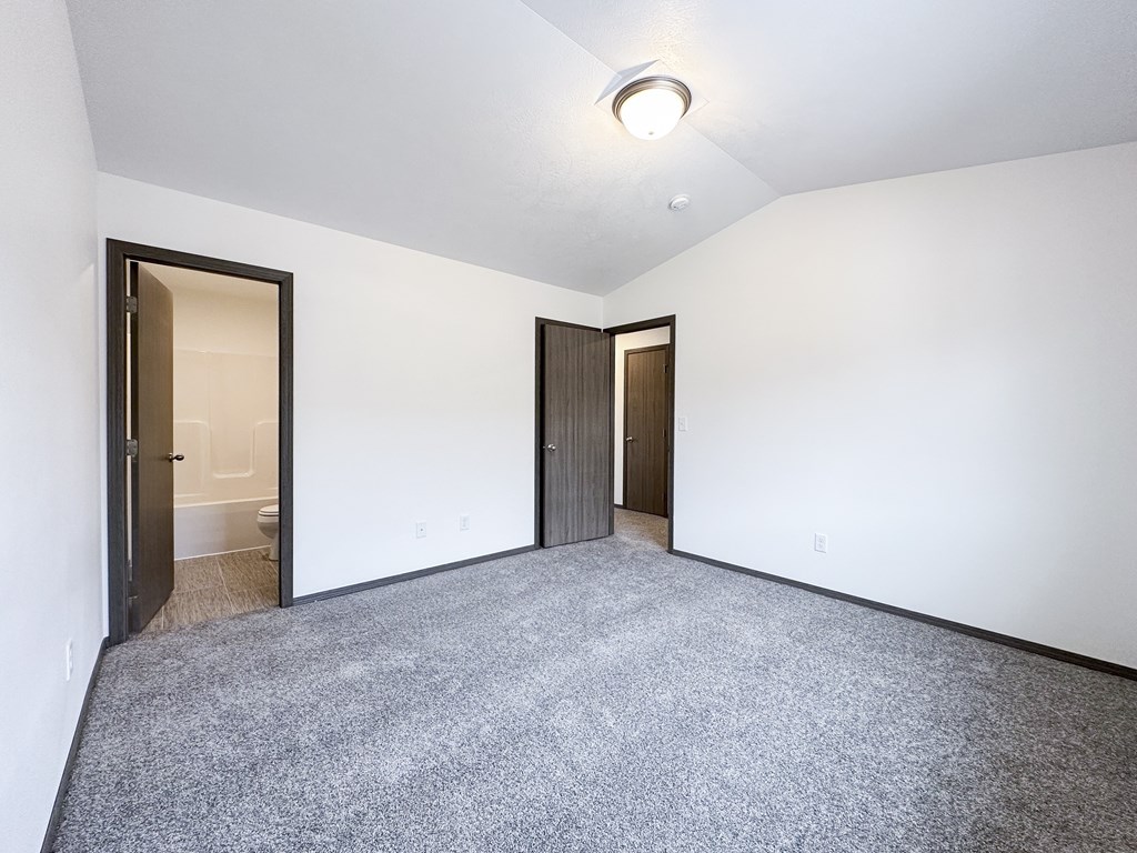 A room with a grey carpet and two doors.