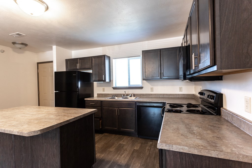 an empty kitchen with black appliances and dark cabinets