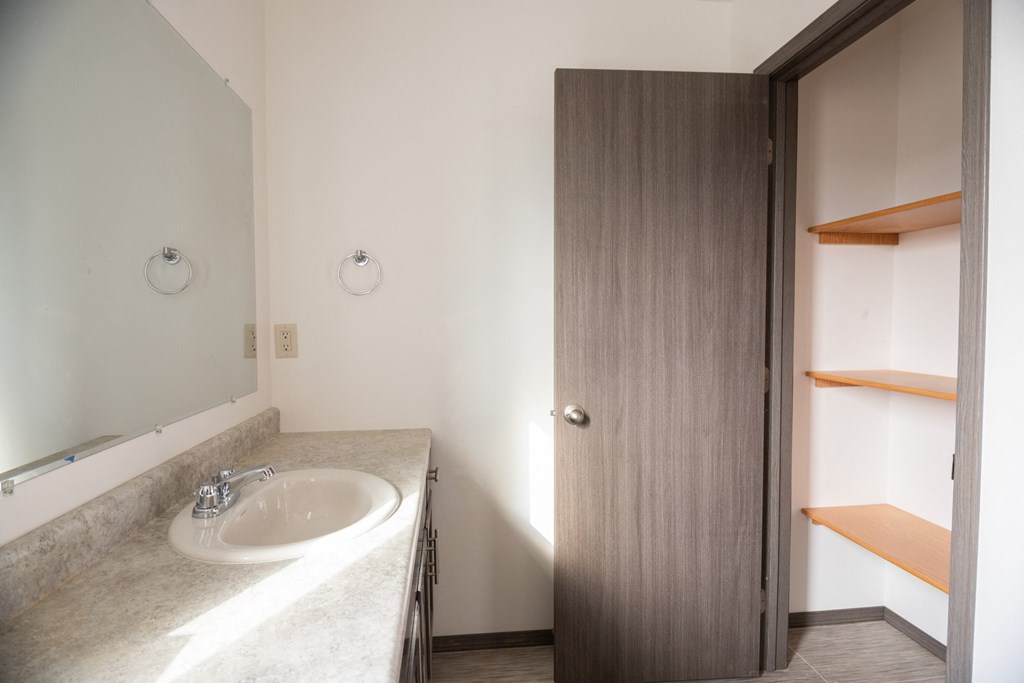a bathroom with a sink and a wooden door