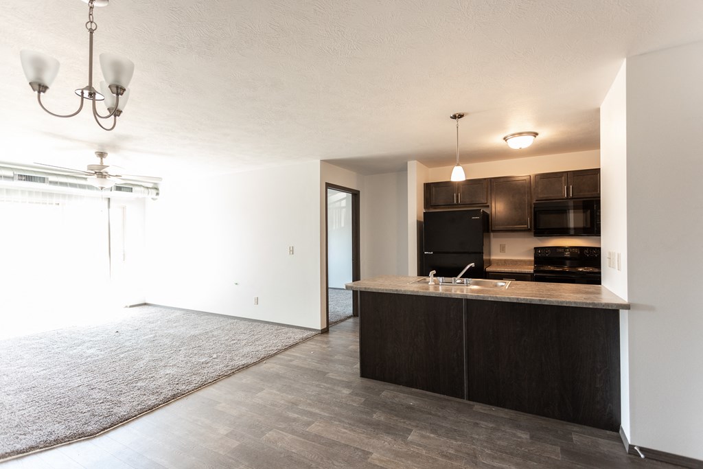 an empty living room with a kitchen and a rug