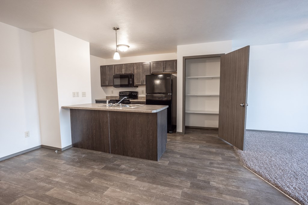 an empty living room with a kitchen with a refrigerator and a sink