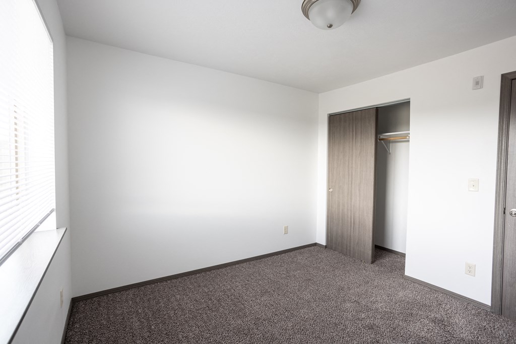 an empty room with carpet and a door to a closet