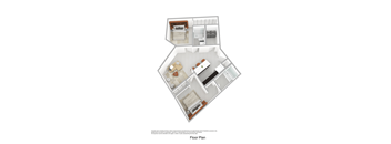 A floor plan of a house with a kitchen, living room, and bathroom.