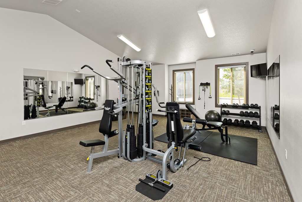A well-equipped gym with a variety of machines and weights.