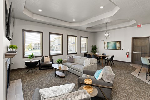 A living room with grey and white furniture and a fireplace.