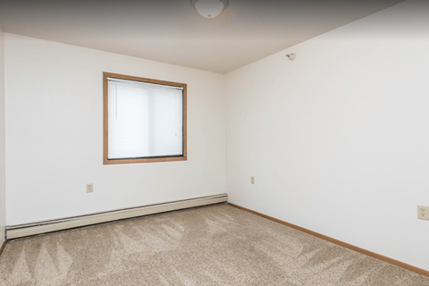 a room with white walls and a window and a carpet