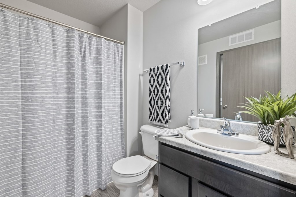 a bathroom with a shower and a toilet and a sink