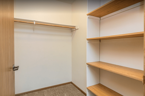 a walk in closet with empty shelves and a door
