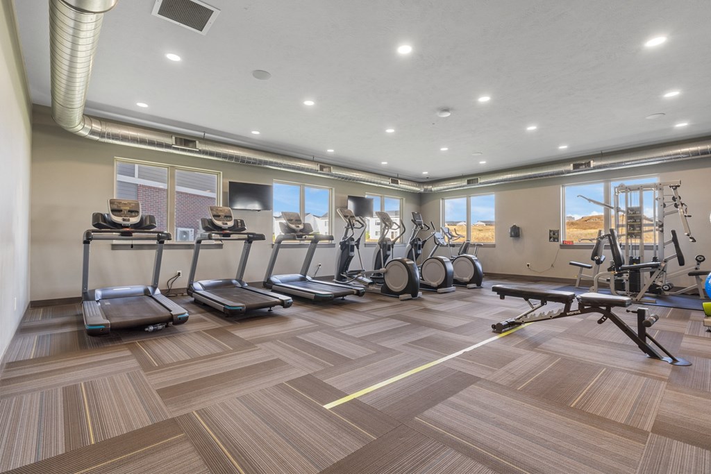 A gym with treadmills, elliptical machines, and weights.
