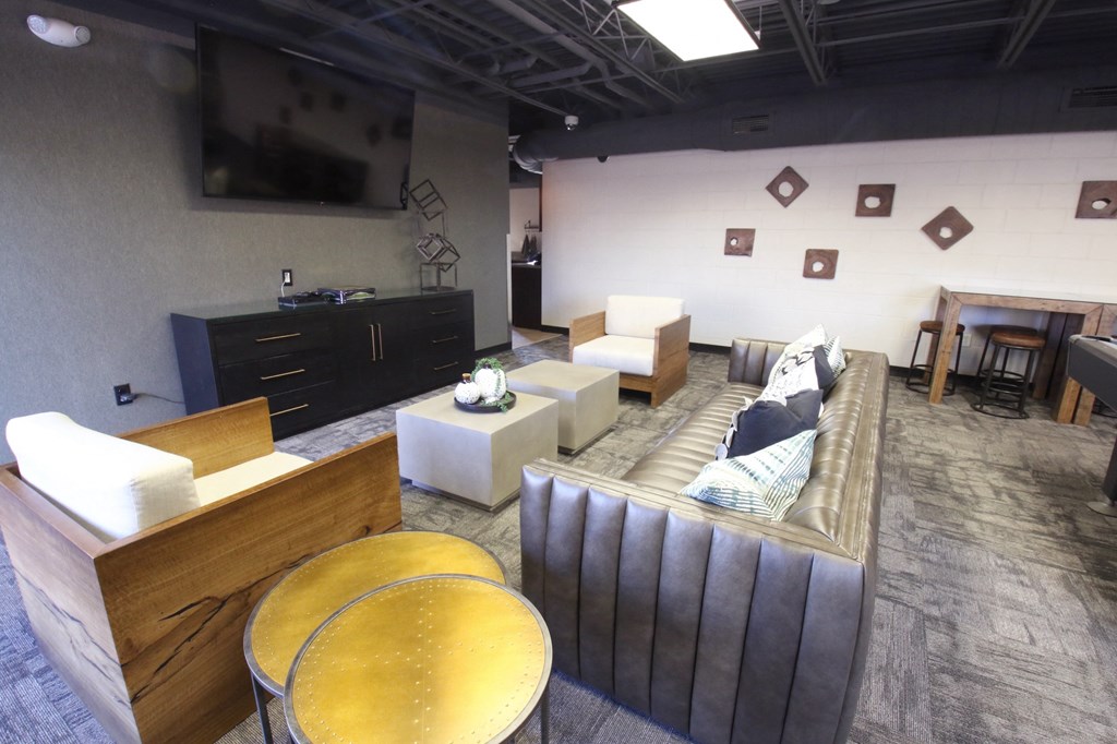 a living room with couches and chairs and a television