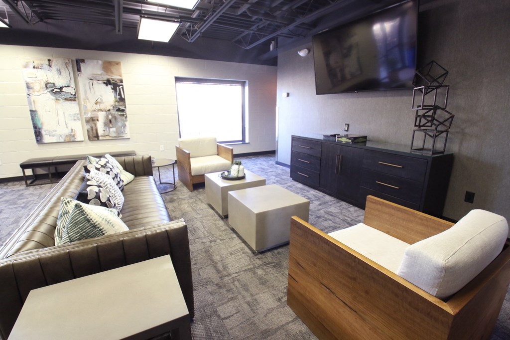 a living room with couches and chairs and a television