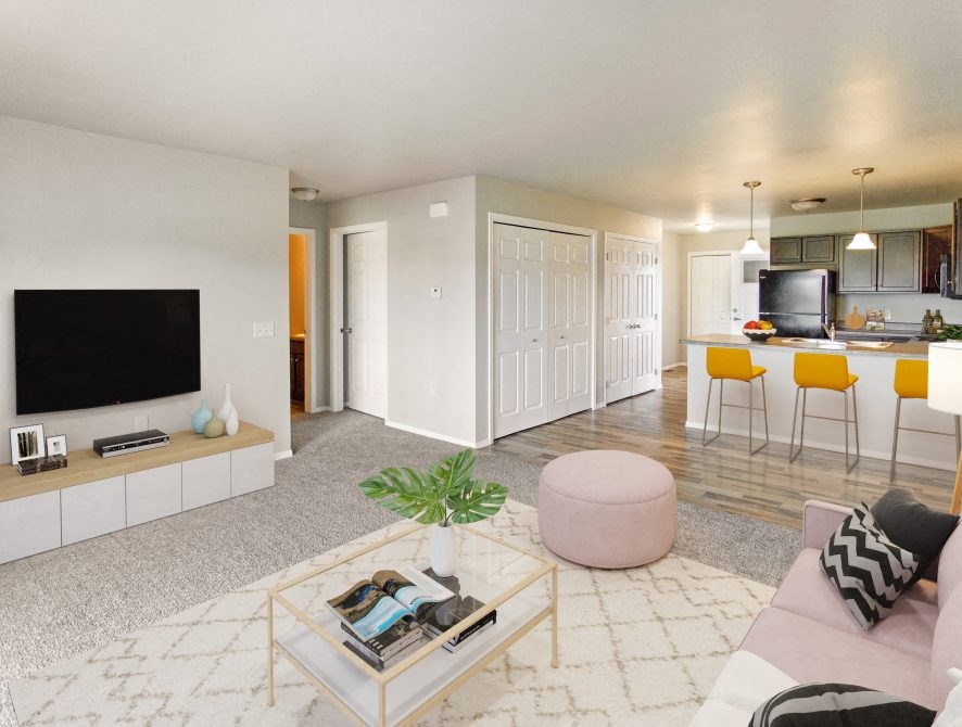 a living room with a couch and a table