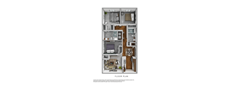 A floor plan of a small apartment with a kitchen, living room, and bathroom.