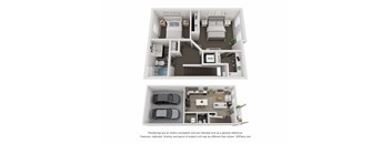 A 3D floor plan of a house with two bedrooms, a living room, a kitchen, and a garage.