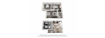 A 3D floor plan of a house with two bedrooms, a living room, a kitchen, and a garage.