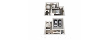 A 3D floor plan of a house with two bedrooms, a living room, a kitchen, and a garage.