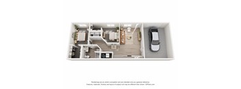 A 3D floor plan of a small apartment with a kitchen, living room, and bedroom.