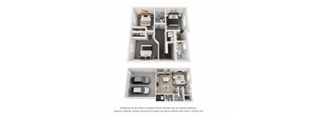 A 3D floor plan of a house with two bedrooms, a living room, a kitchen, and a garage.