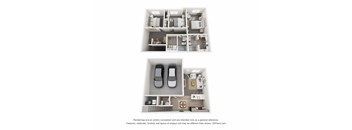 A 3D floor plan of a house with two bedrooms, a living room, a kitchen, a bathroom, and a garage.