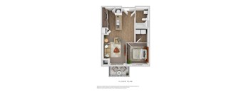 A floor plan of a small apartment with a living room, kitchen, and bathroom.