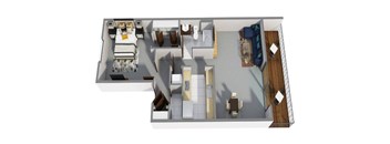 A 3D floor plan of a house with a kitchen, living room, and bedrooms.