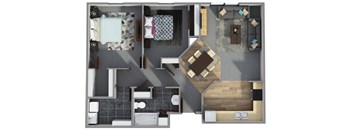 A top-down view of a small apartment with a kitchen, living room, and bathroom.