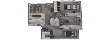 A top down view of a house layout with a kitchen, living room, and bedrooms.