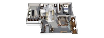 A 3D floor plan of a house with multiple rooms and furniture.