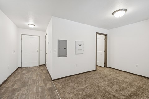 A room with a white wall and a brown carpet.