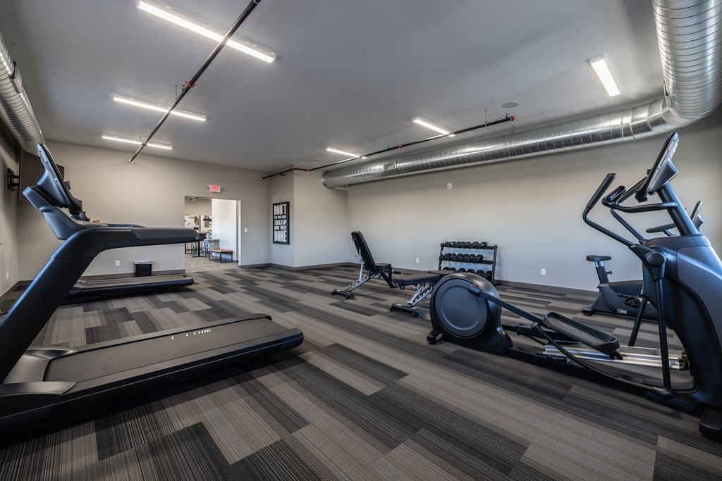 A gym with treadmills, elliptical machines, and a stationary bike.