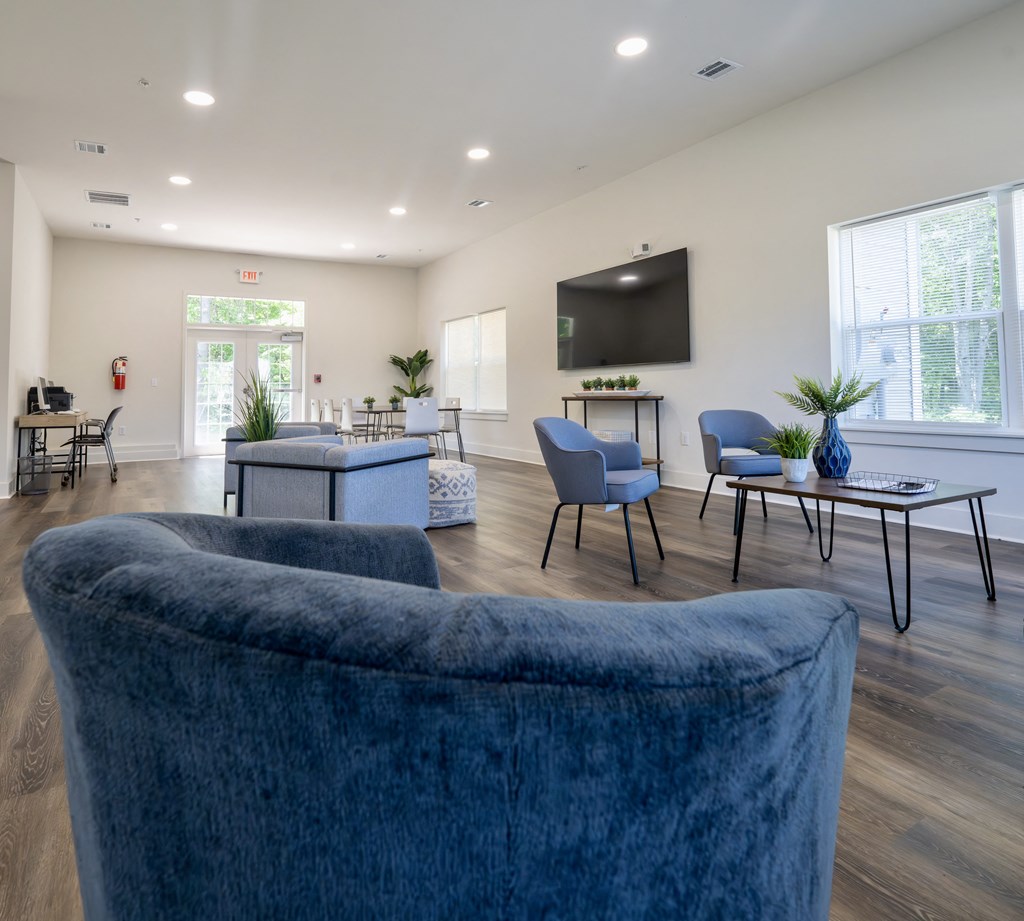 a living room with couches and chairs and a television