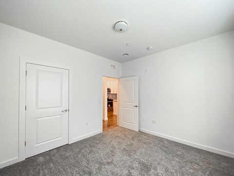 a bedroom with two doors and a carpeted floor