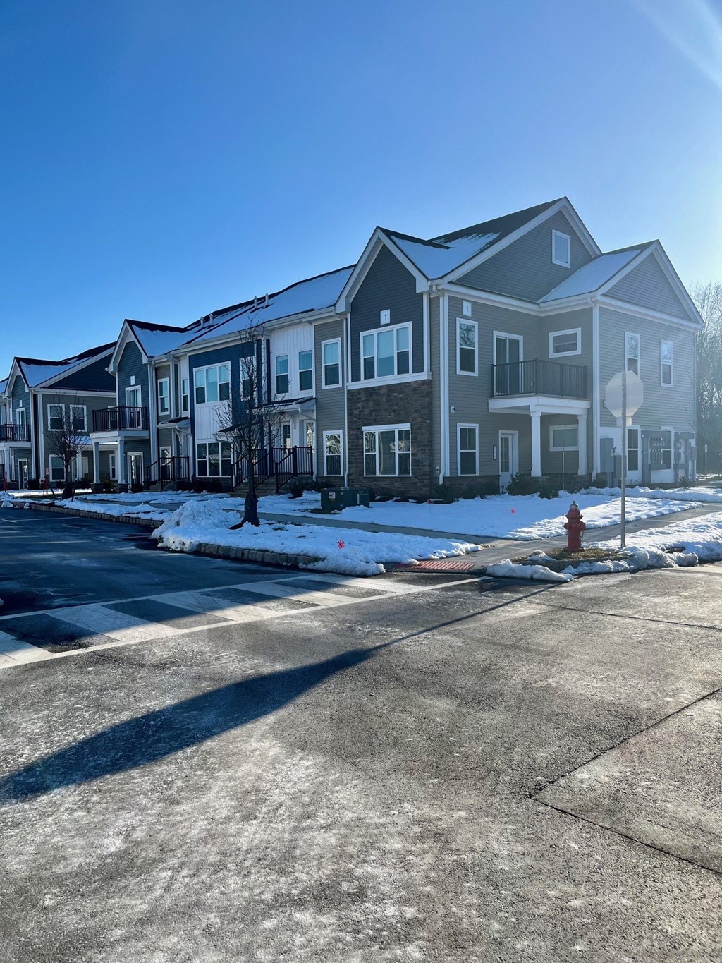 an apartment building with a red fire hydrant in the snow