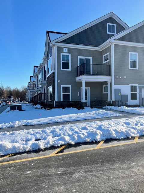 a row of houses on a street in the snow