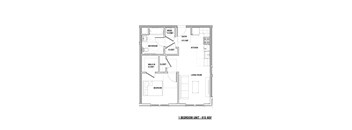 A floor plan of a 1 bedroom unit with a living room, kitchen, and bathroom.