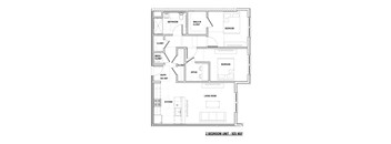 A floor plan of a 2 bedroom unit with a living room, kitchen, bathroom, and office.