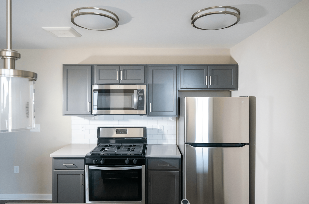 a kitchen with stainless steel appliances and gray cabinets