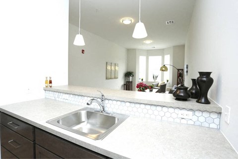 A kitchen with a sink and a counter.