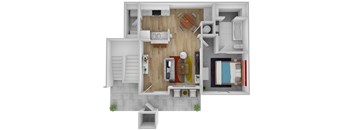 a stylized floor plan of a house with a bedroom and a living room