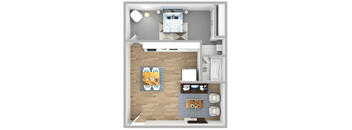 a stylized floor plan of a bedroom with a bathroom