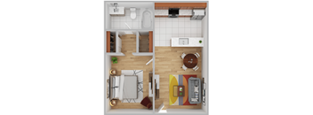 a top view of a house with a bedroom and a living room