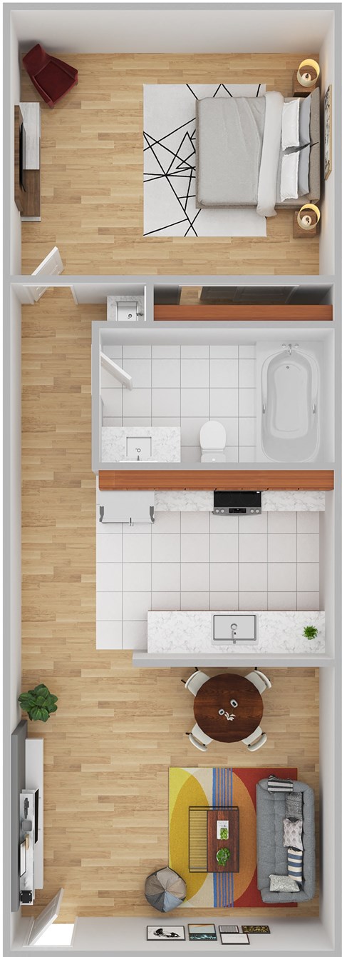 a top down view of a room with a bathroom and a couch