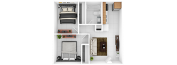 a floor plan of a bedroom with a bed and a bathroom