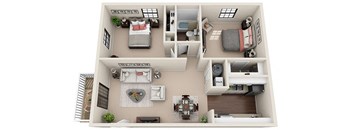 a spacious bedroom with two beds and a living room with a fireplace