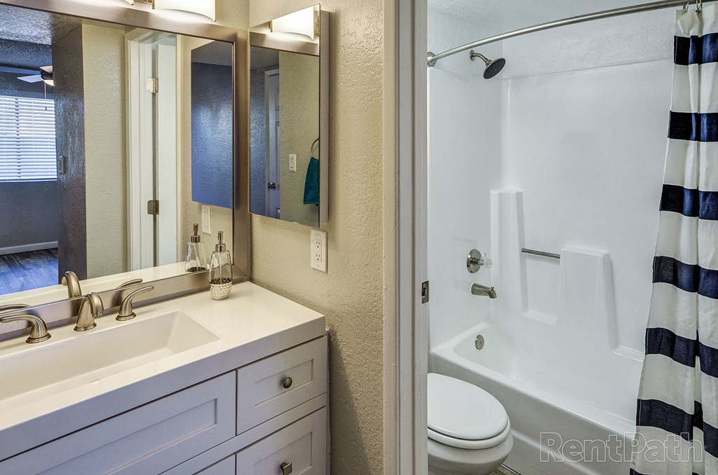 a bathroom with a sink and a shower and a toilet
