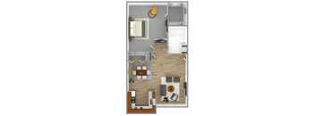 a stylized floor plan of a room with a bedroom and a bathroom
