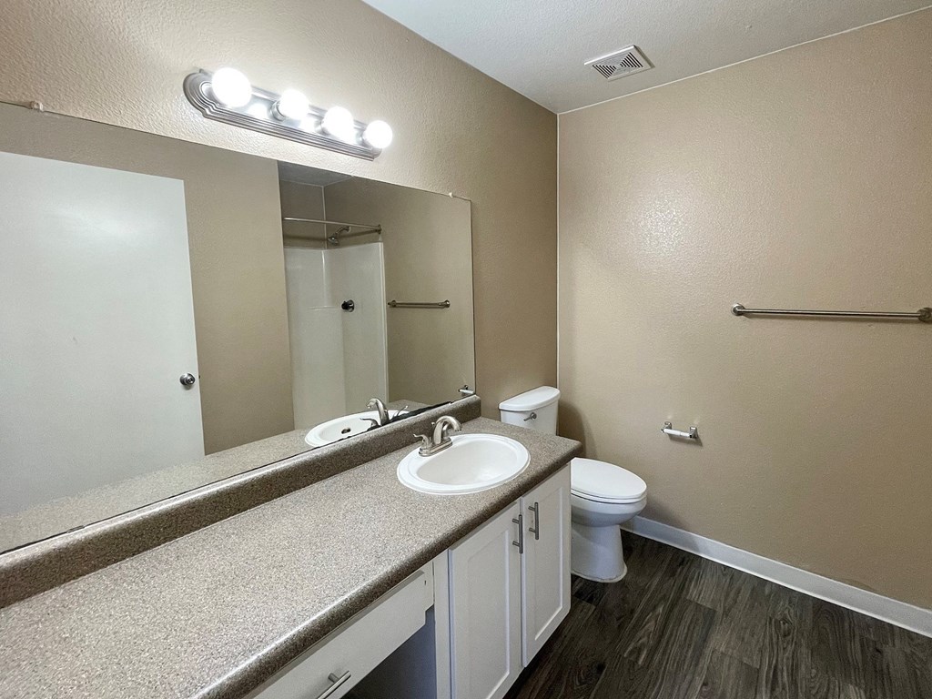 a bathroom with a sink toilet and mirror
