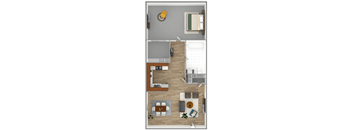 a stylized floor plan of a bedroom and living room