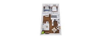 a stylized floor plan of a two bedroom apartment with two bathrooms and a balcony